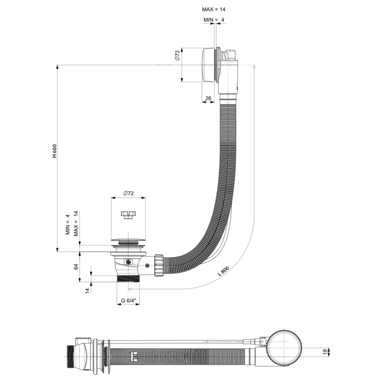 Zestaw odpływowy z korkiem automatycznym, długość 800mm, korek 72mm, czarny mat