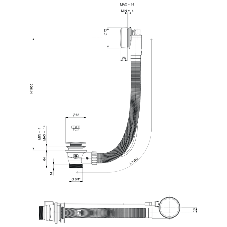 Zestaw odpływowy z korkiem automatycznym, długość 1200mm, korek 72mm, biały