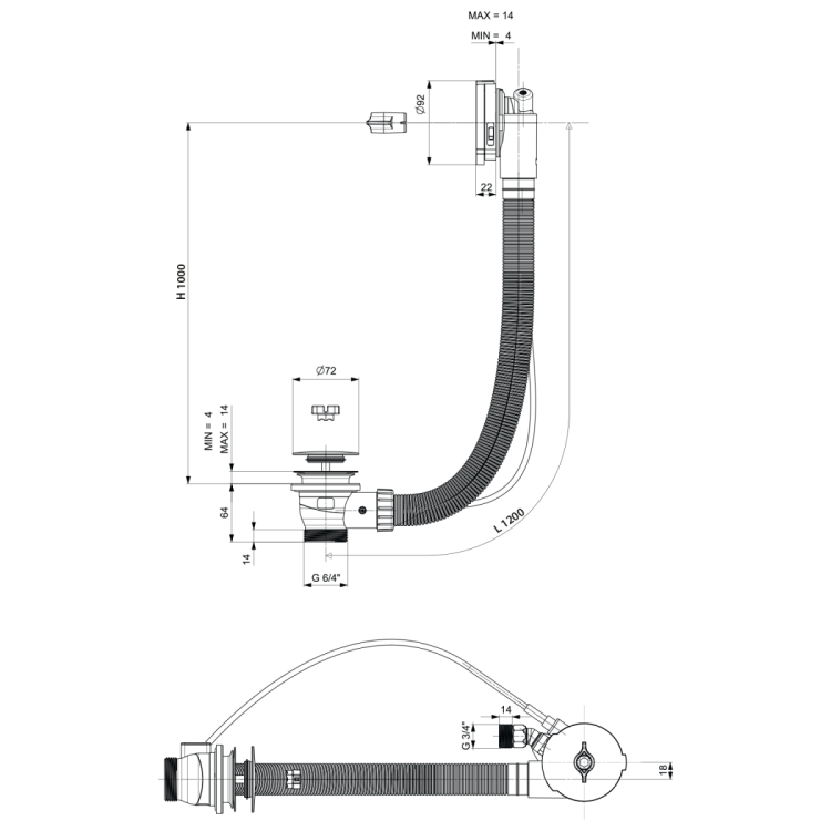 Zestaw odpływowy z napełnianiem, dł. 1200mm, korek automatyczny 72mm, chrom