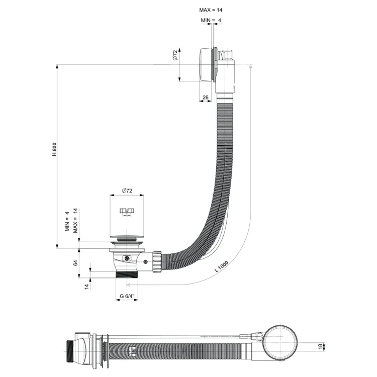 Zestaw odpływowy z korkiem automatycznym, długość 1000mm, korek 72mm, chrom