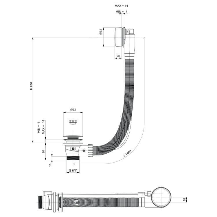 Zestaw odpływowy z korkiem automatycznym, długość 1000mm, korek 72mm, biały