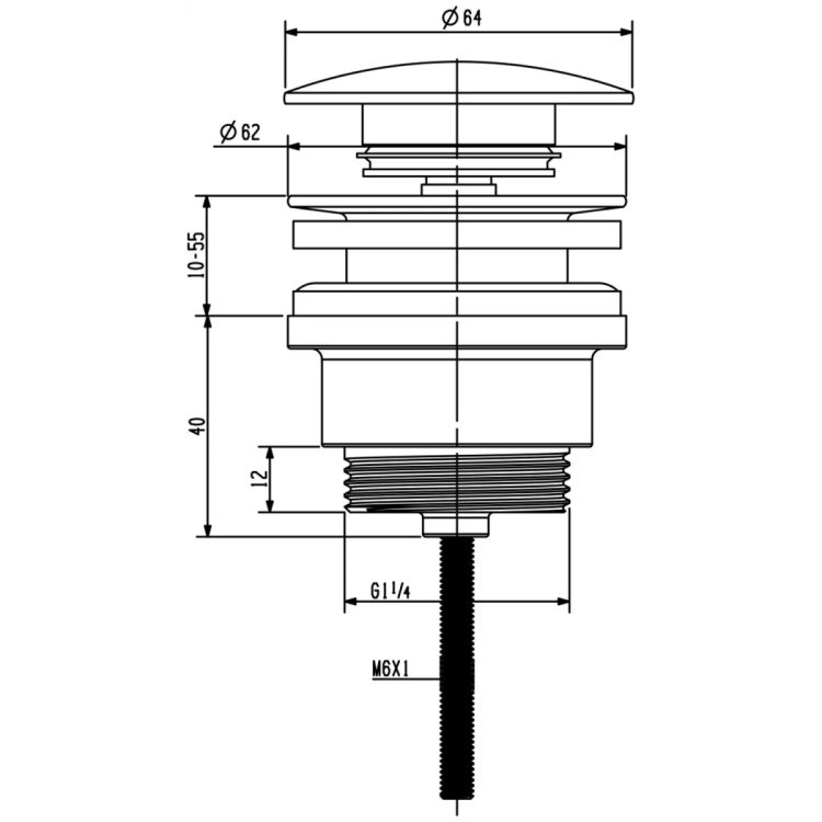 Odpływ umywalkowy 5/4”, klik-klak, duży korek, 10-55mm, miedź mat