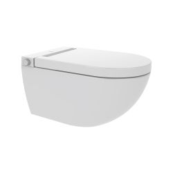 Toaleta myjąca 38x60 cm z funkcją mycia, suszenia i podgrzewaną deską WC ze stelażem Grohe i złotym przyciskiem spłukującym Major&Maker Royal biały