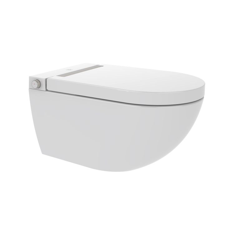 Toaleta myjąca 38x60 cm z funkcją mycia, suszenia i podgrzewaną deską WC ze stelażem Grohe i złotym przyciskiem spłukującym Major&Maker Royal biały