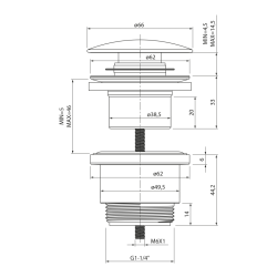 Korek umywalkowy 5/4“, klik- klak, duży grzybek, 5-46mm, ABS/stal nierdzewna