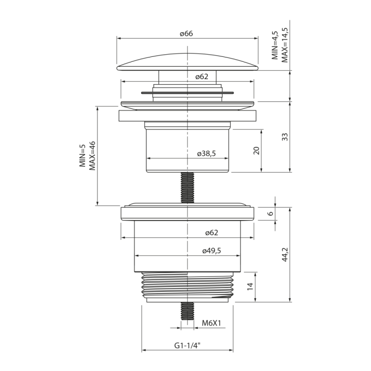 Korek umywalkowy 5/4“, klik- klak, duży grzybek, 5-46mm, ABS/stal nierdzewna