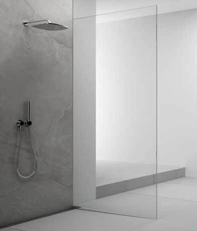 Przejdź do produktu ARCHITEX zestaw do mocowania szkła podłoga-ściana-suft z listwą spadkową, 1615x2105mm, prawy, polerowany aluminium