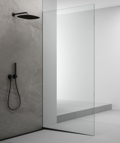 Przejdź do produktu ARCHITEX zestaw do mocowania szkła podłoga-ściana z listwą spadkową, 1615x2105mm, prawy, czarny mat