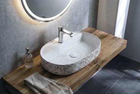 Przejdź do produktu INFINITY OVAL umywalka ceramiczna nablatowa, 60x40cm, terrazzo
