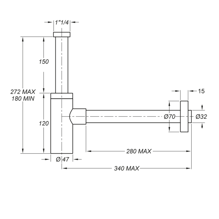 Syfon umywalkowy 5/4", odpływ 32mm, miedź szczotkowana