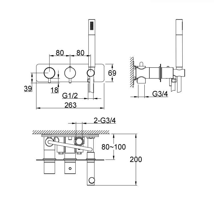 Bateria wannowa 3-otworowa z termostatem 26x7 cm Kohlman Axel QW265ABC miedź szczotkowana (id: 83400)