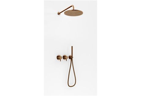 Przejdź do produktu Zestaw prysznicowy z okrągłą deszczownicą 25 cm, słuchawką prysznicową i baterią podtynkową Kohlman Axel QW260ABCR25 miedź szczotkowana 