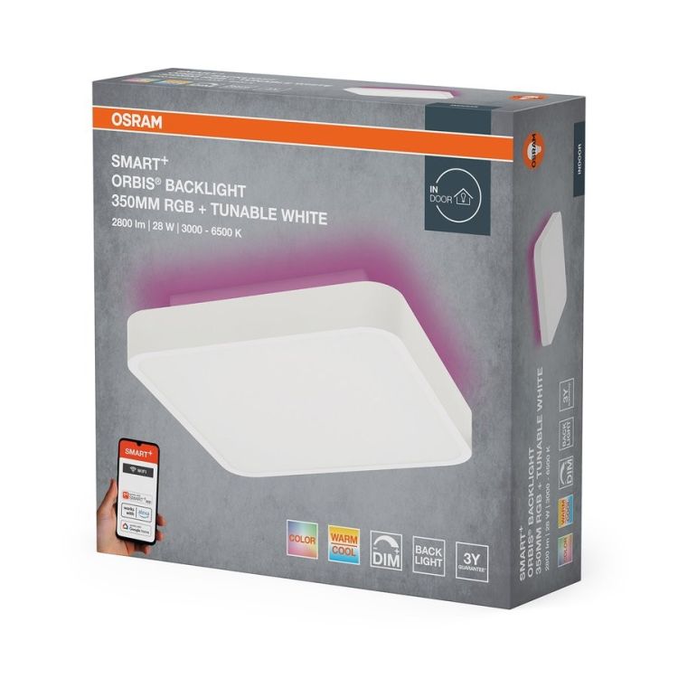 ORBIS BACKLIGHT lampa sufitowa, 350x350mm, WIFI RGB + ściemnianie, OSRAM, 2800lm, 28W, IP20, biały