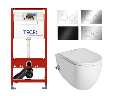 Przejdź do produktu Miska WC z funkcją bidetu, wisząca 53x36,5 cm Isvea Infinity Cleanwash z deską WC, stelażem podtynkowym i przyciskiem spłukującym TeceLoop 10NFS1005I+9400407+9240921 biały