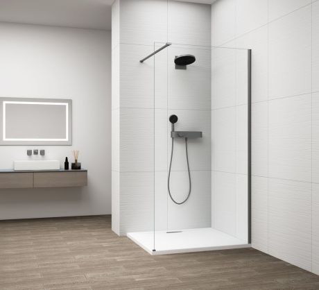 Przejdź do produktu ESCA GUN METAL jednoczęściowa kabina przysznicowa Walk-In, montaż przy ścianie, szkło czyste, 1300 mm