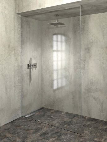 Przejdź do produktu ARCHITEX zestaw do mocowania szkła podłoga-ściana-sufit z listwą spadkową, 1615x2600mm, lewy, polerowany aluminium