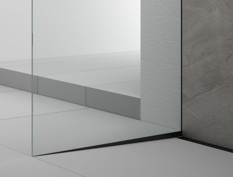 Przejdź do produktu ARCHITEX zestaw do mocowania szkła podłoga-ściana-sufit z listwą spadkową, 1615x2600mm, lewy, czarny mat