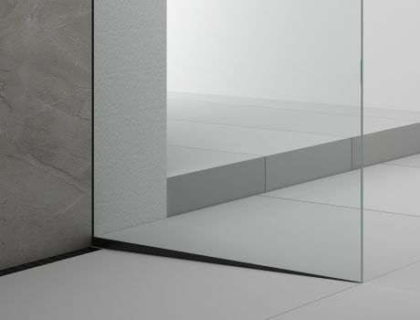 Przejdź do produktu ARCHITEX zestaw do mocowania szkła podłoga-ściana-sufit z listwą spadkową, 1615x2600mm, prawy, czarny mat