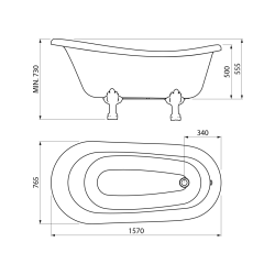 RETRO wolnostojąca wanna 157x76,5x73cm, biała, nogi białe