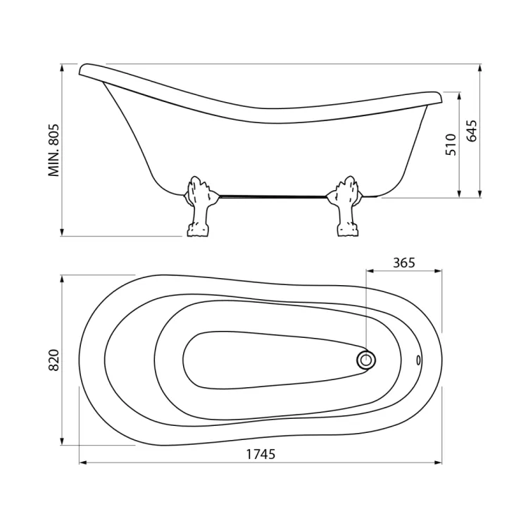 RETRO wolnostojąca wanna 174,5x82x80,5cm, biała, nogi brąz