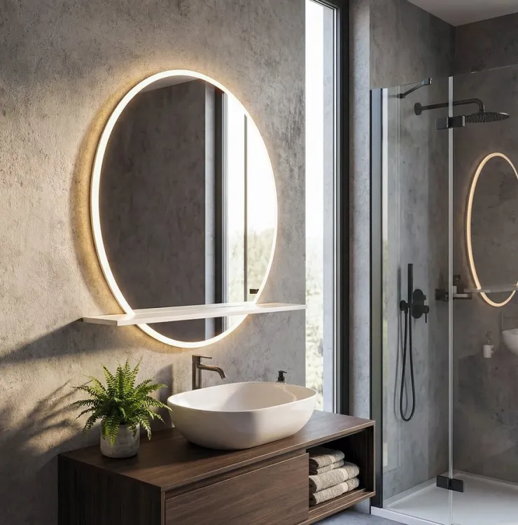 VISO okrągłe lustro z oświetleniem LED, ø 70cm, półką, biały mat