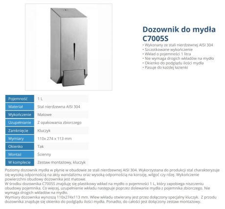 Przejdź do produktu Dozownik mydła 1L stal nierdzewna polerowana Makoinstal C7005S