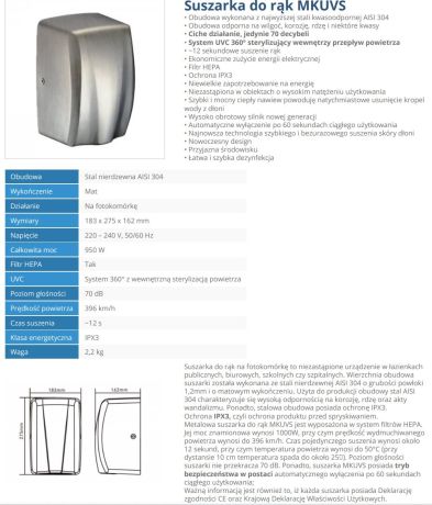 Przejdź do produktu EMPIRE elektryczna suszarka do rąk, bezdotykowa 230 V, 2400 W, 278x243x213 mm, stal nierdzewna mat