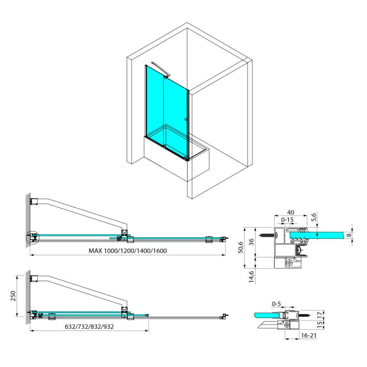 ROLLS parawan wannowy 1200x1500mm, szkło czyste