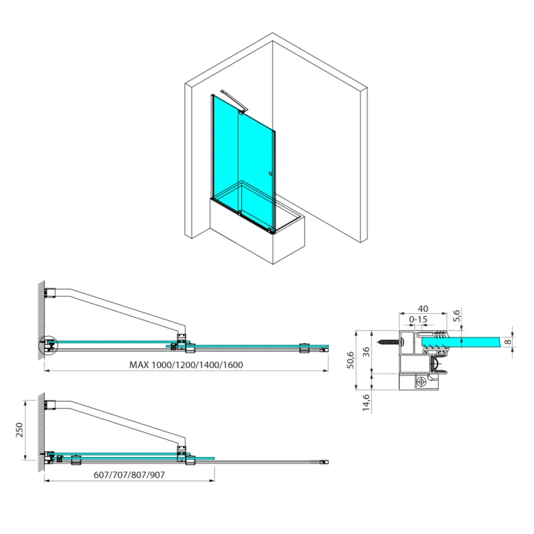 ROLLS parawan wannowy 1200x1500mm, szkło czyste