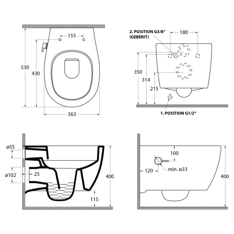 SENTIMENTI CLEANWASH WC wiszące, z dyszą bidetową i zaworem, Rimless, 36x51cm, biały