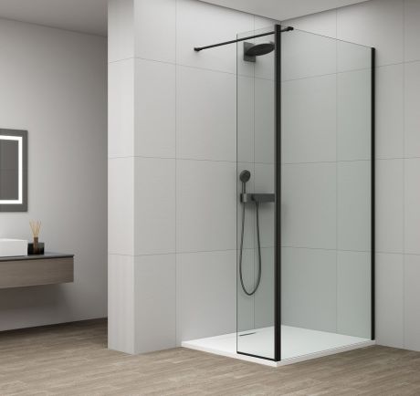 Przejdź do produktu ESCA BLACK MATT kabina przysznicowa, stałe szkło 1200 mm, szkło czyste, panel obrotowego 600 mm