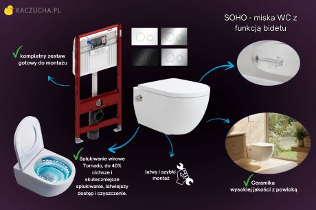 Przejdź do produktu ZESTAW Miska wc z funkcją bidetu 2w1 AquaDuo Soho ze stelażem podtynkowym Tece