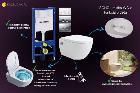 Przejdź do produktu ZESTAW Miska wc z funkcją bidetu 2w1 AquaDuo Soho ze stelażem podtynkowym Geberit Delta