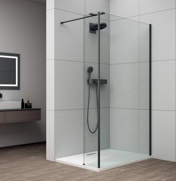 ESCA BLACK MATT kabina prysznicowa Walk-in do montażu do ściany 1100mm dodatkowy panel 585mm, szkło czyste