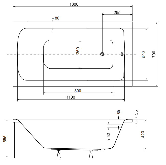 Wanna prostokątna 130x70 cm Besco Talia 130 rys. tech.