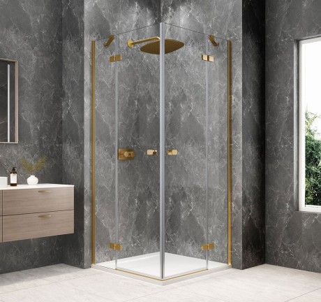 Przejdź do produktu GLOBE GOLD MATT kwadratowa kabina prysznicowa 800x800mm, wejście z rogu, szkło czyste