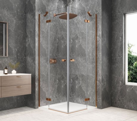 Przejdź do produktu GLOBE COPPER MATT kwadratowa kabina prysznicowa 900x900mm, wejście z rogu, szkło czyste