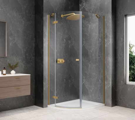 Przejdź do produktu GLOBE GOLD MATT kabina prysznicowa półokrągła 900x1000mm, szkło czyste, lewe