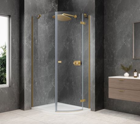 Przejdź do produktu GLOBE GOLD MATT kabina prysznicowa półokrągła 900x1000mm, szkło czyste, prawe