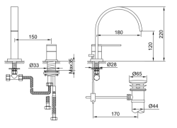 Bateria umywalkowa Kohlman Nexen-S SQB205U chrom rys. tech.