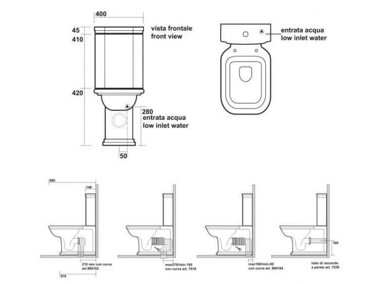 Kerasan Waldorf miska stojąca WC z mechanizmem spłukującym 411701+418101+750990 - rysunek techniczny