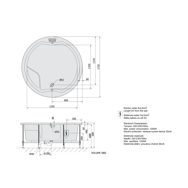 ROYAL ROUND wanna z hydromasażem, 172x172x49cm, Active Hydro, chrom