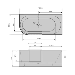 PORTAS R asymetryczna wanna z drzwiami, 160x75x60cm, biały