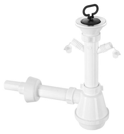 Przejdź do produktu Syfon zlewozmywakowy, 2 podłączenia, nierdzewny wypust 80mm, korek z uchem, DN40/32, biały