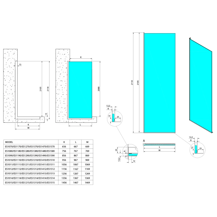 ARCHITEX zestaw do mocowania szkła podłoga-ściana, 1615x2105mm, polerowany aluminium
