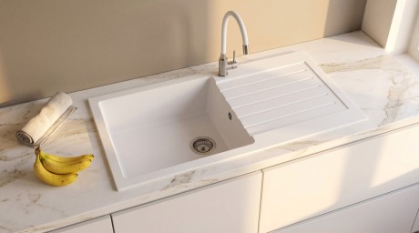 Przejdź do produktu Zlewozmywak granitowy wpuszczany jednokomorowy z ociekaczem, 100x50cm, biały