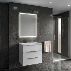 CIRASA Szafka łazienkowa 60 cm z umywalką i lustrem LED, 3 szuflady, biały połysk