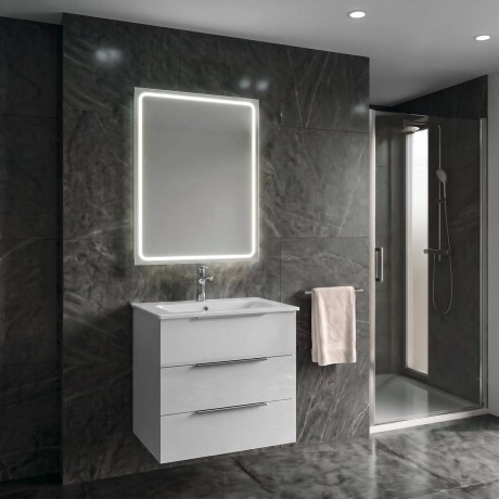 Przejdź do produktu CIRASA Szafka łazienkowa 60 cm z umywalką i lustrem LED, 3 szuflady, biały połysk