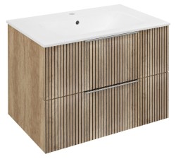 CIRASA STRIP Szafka łazienkowa 70cm z umywalką i lustrem LED, 2 szuflady, dąb Alabama