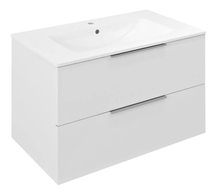 CIRASA Szafka łazienkowa 80cm z umywalką i lustrem LED, 2 szuflady, biały połysk